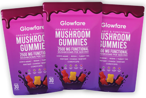 Three packs of Glowfare Mushroom Gummies on a white background